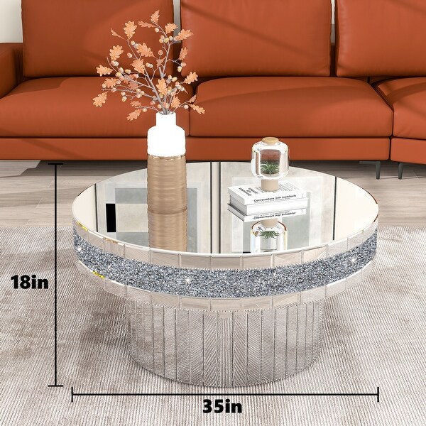 Round Coffee Table Mirrored Crushed Diamond Accent Living Room Table - 35