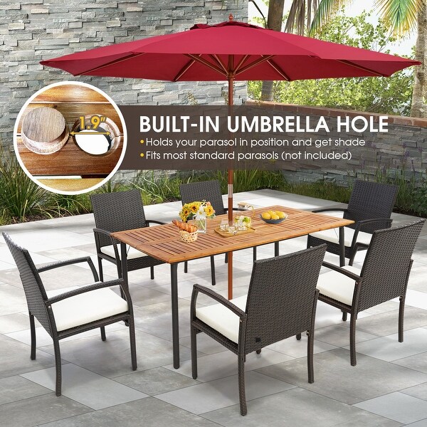 Patio Acacia Wood Dining Table with Umbrella Hole and Metal Legs