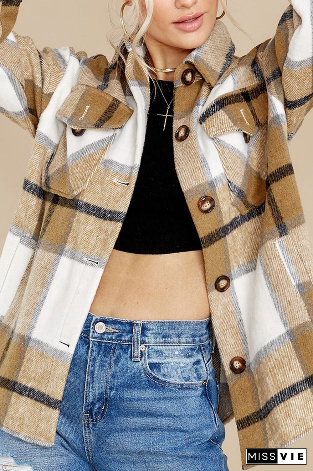 Plaid Button Front Shacket Jacket with Pockets Women Wholesale