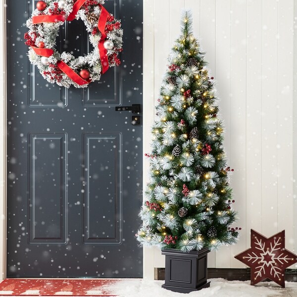 Glitzhome 4ft/5ft/6ft PreLit Pine Artificial Christmas Porch Tree with Decorative Urn Pot