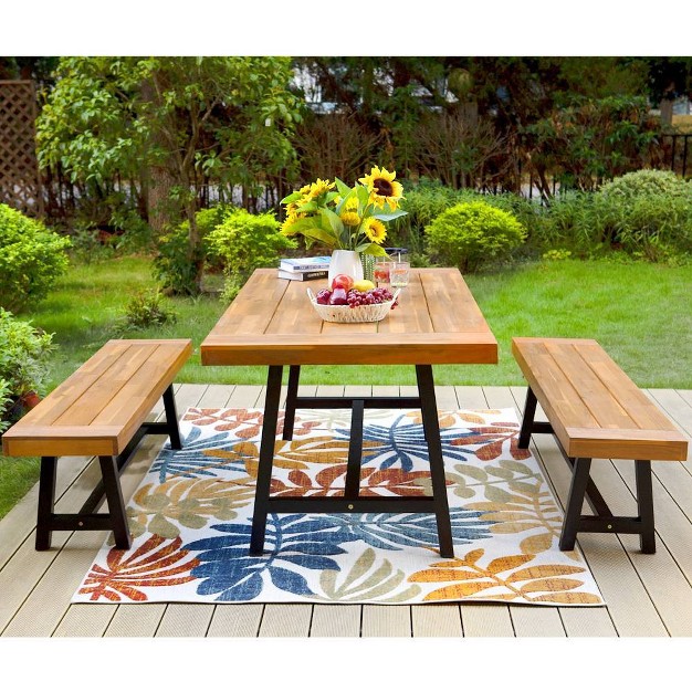 3pc Acacia Patio Dining Set With 2 Benches Teak Captiva Designs