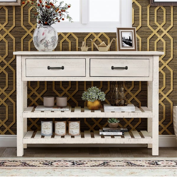 Antique White Entryway Console Table with Drawers and Shelf