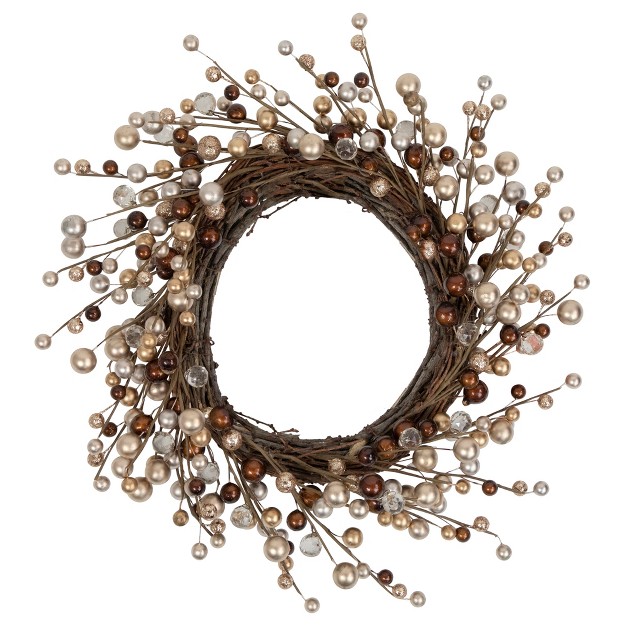 Unlit Autumnal Bliss Ball Ornaments On A Natural Vine Wrapped Christmas Wreath