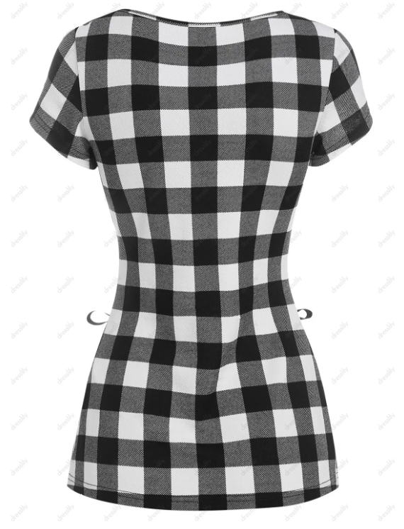 Corset Lace Up Sweetheart Neck Plaid Checkerboard T Shirt and Plaid Panel Wide High Waist Zipper Detail Capri Leggings Summer Casual Outfit