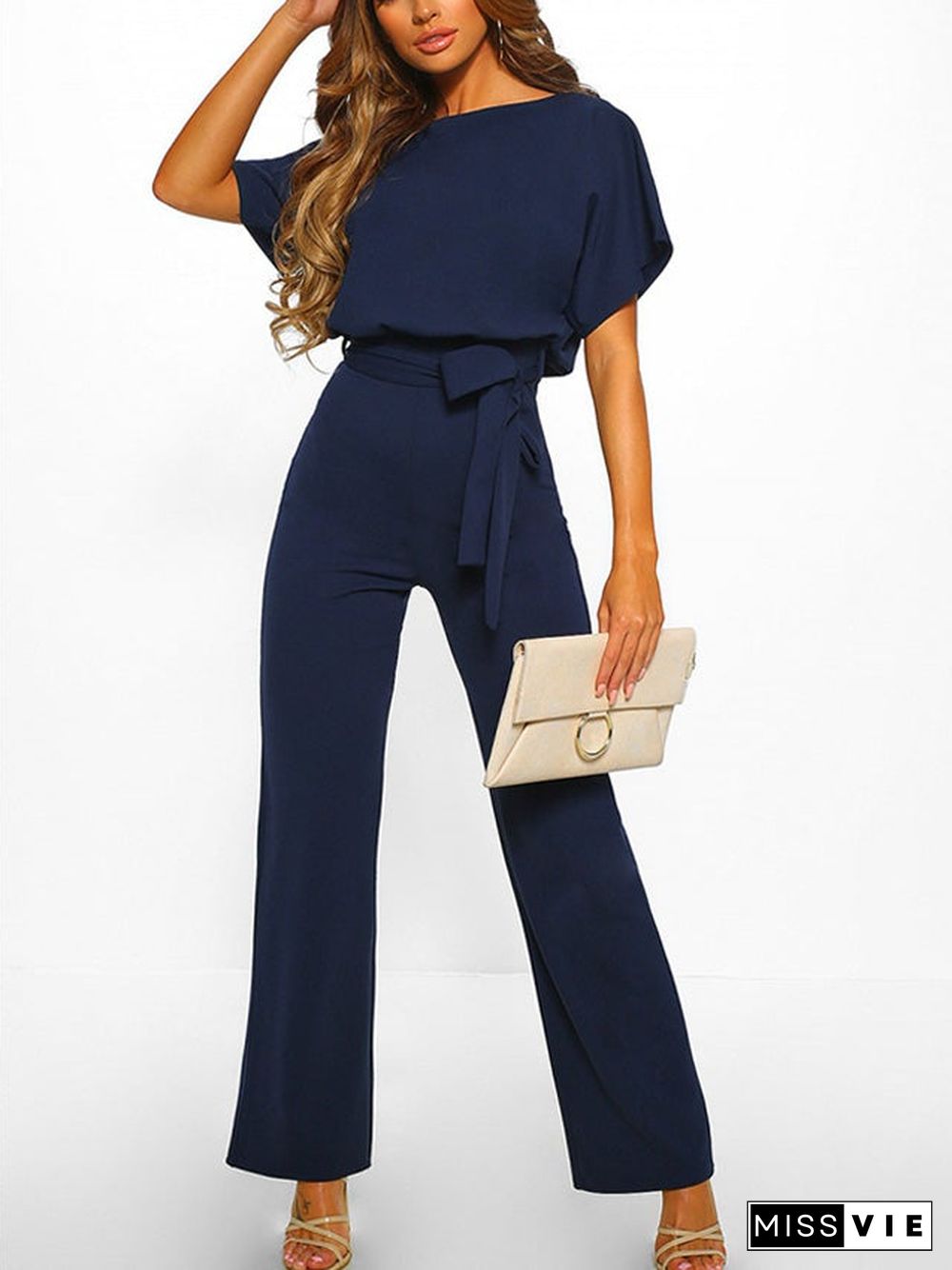 Button Lace-up Short-sleeved Jumpsuit