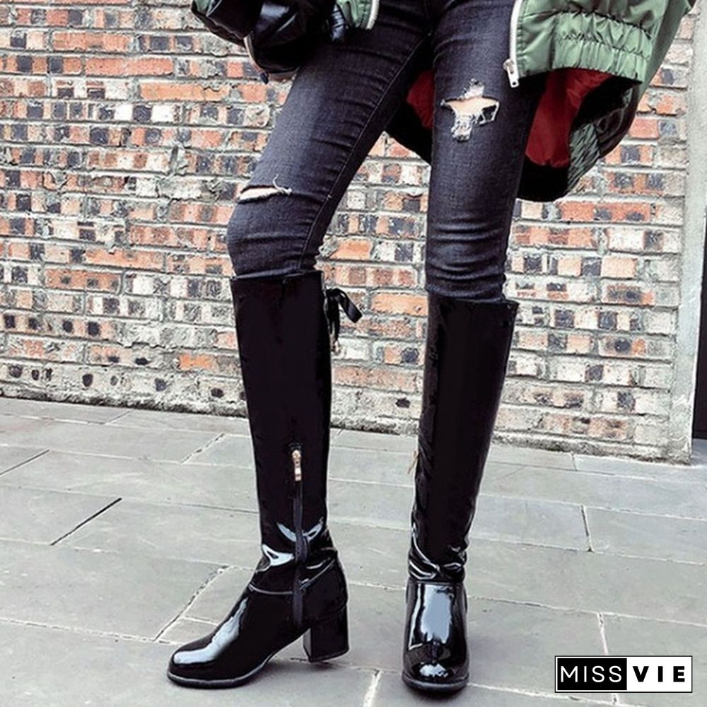 Women Knee High Boots Patent Leather Shoes Chunky Mid Heel Winter Boots Spring Autumn Fashion Plus Size