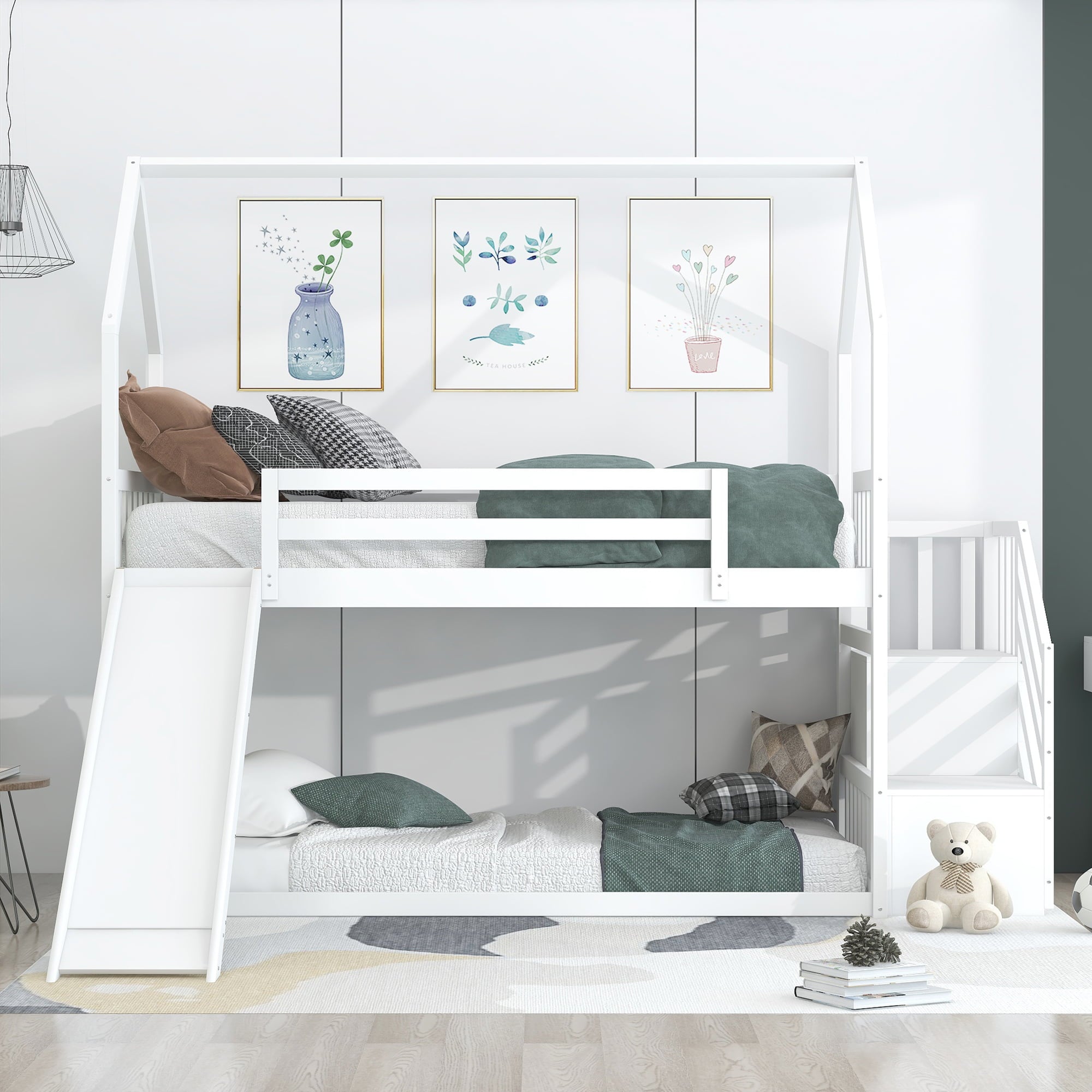 EUROCO Twin over Twin House Bunk Bed with Staircase for Kids for Bedroom, White