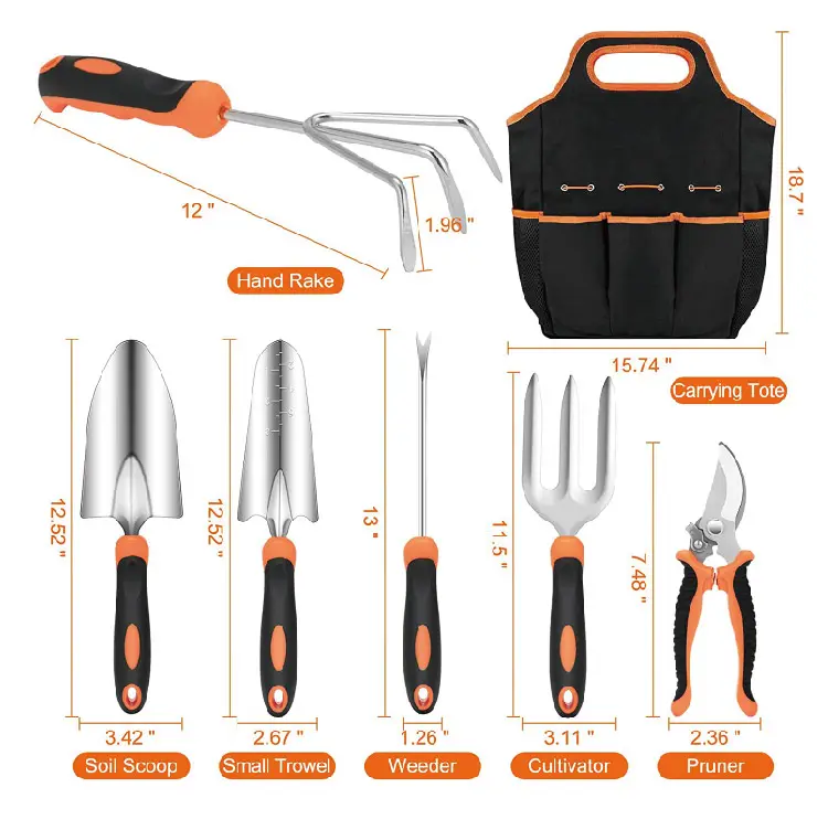 Stainless Steel Heavy Duty Gardening Tool Set with Non Slip Rubber Grip and Tote Bag