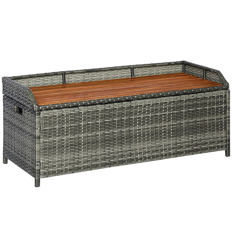 Outsunny Outdoor Storage Bench Wicker Deck Boxes with Wooden Seat， Gas Spring， Rattan Container Bin with Lip， Ideal for Storing Tools， Accessories and Toys， Mixed Grey