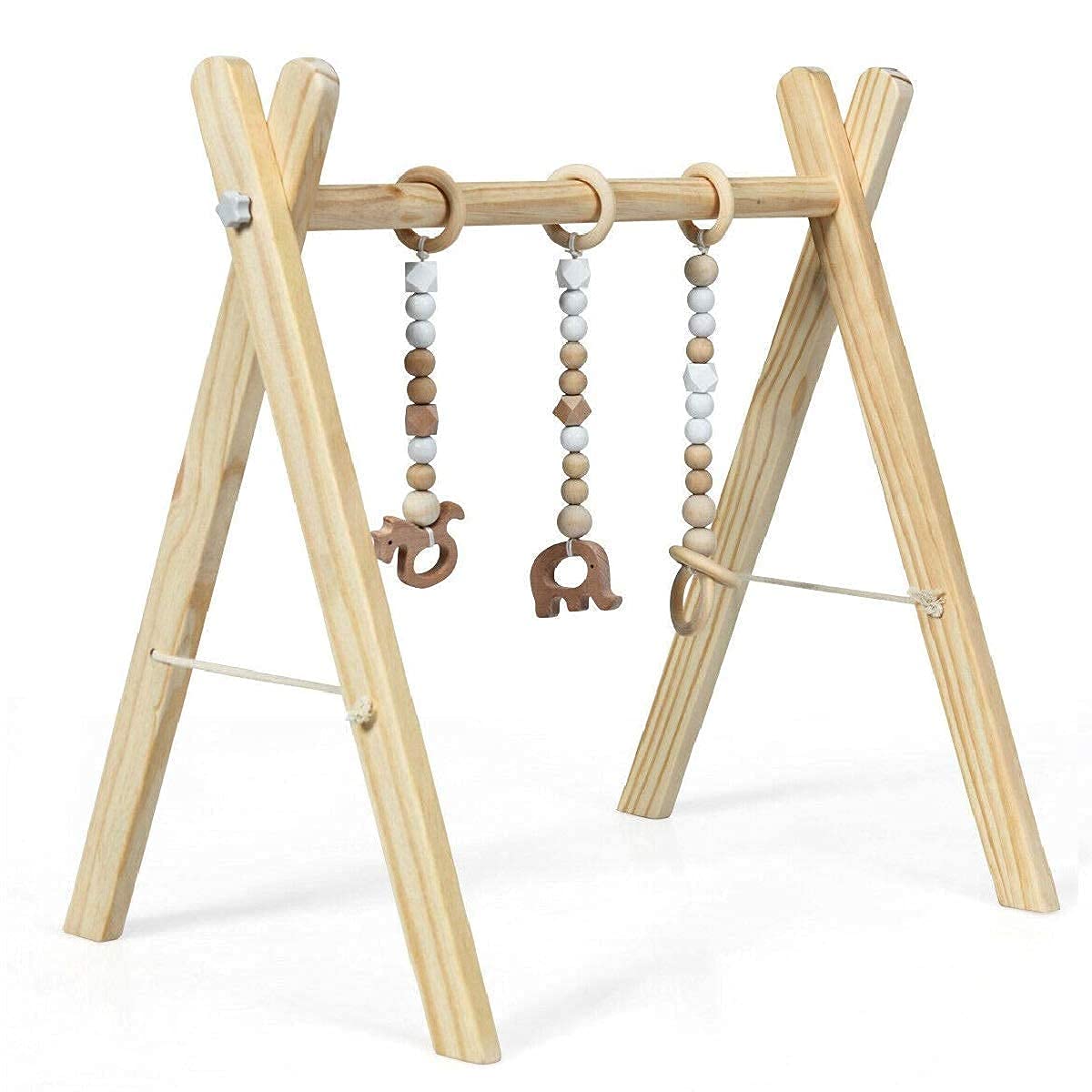 BABY JOY Portable Wooden Baby Gym, Foldable Baby Play Gym Frame with 3 Wooden Baby Teething Toys