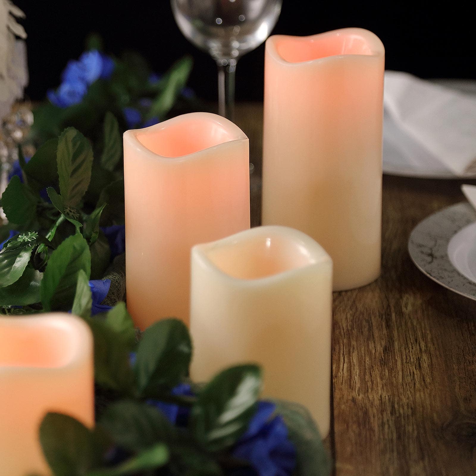 Set of 5 Ivory Flickering Flameless LED Pillar Candles, Color Changing Battery Operated Candles With Remote 4