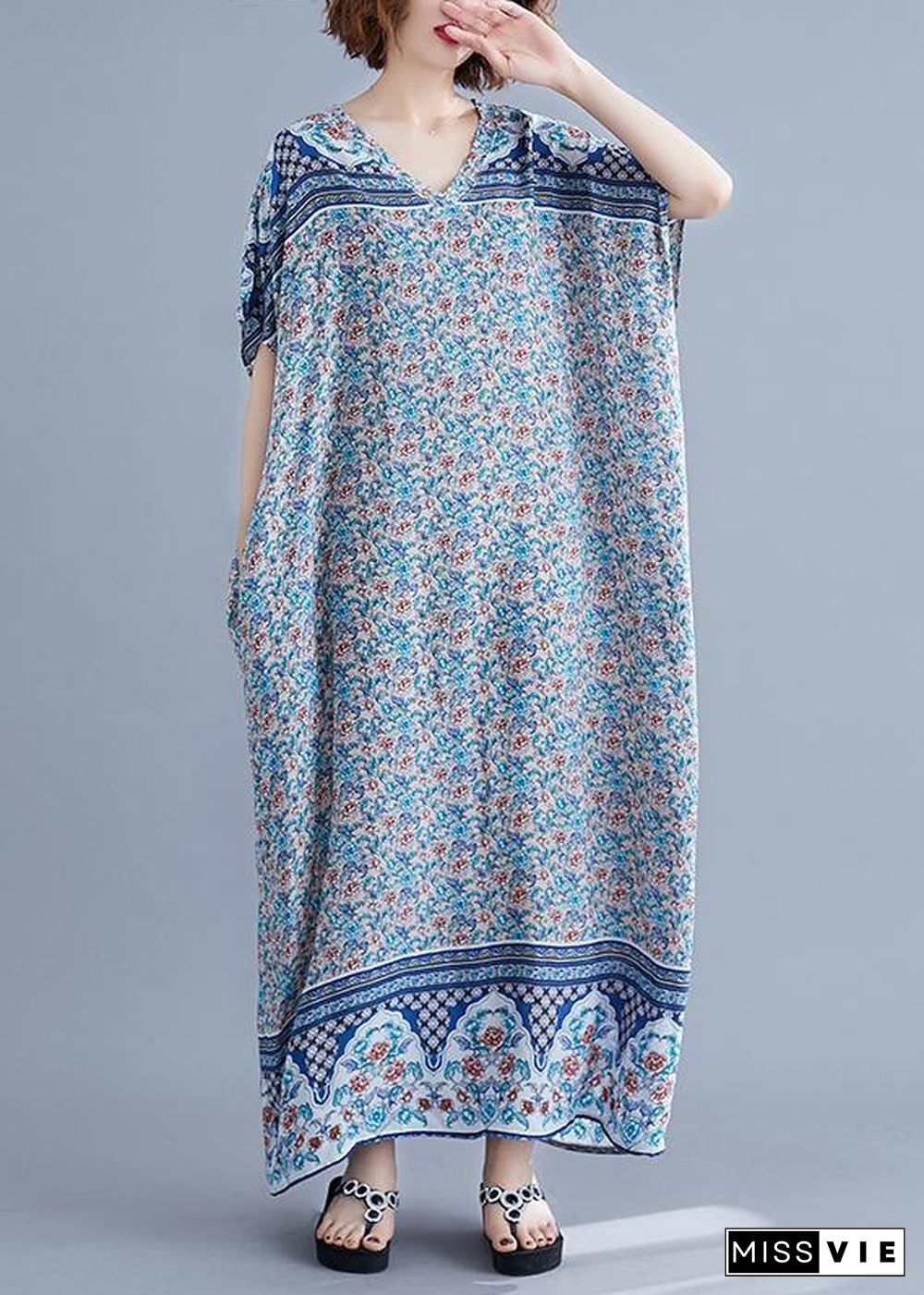 Simple v neck batwing sleeve dresses blue floral Art Dress summer