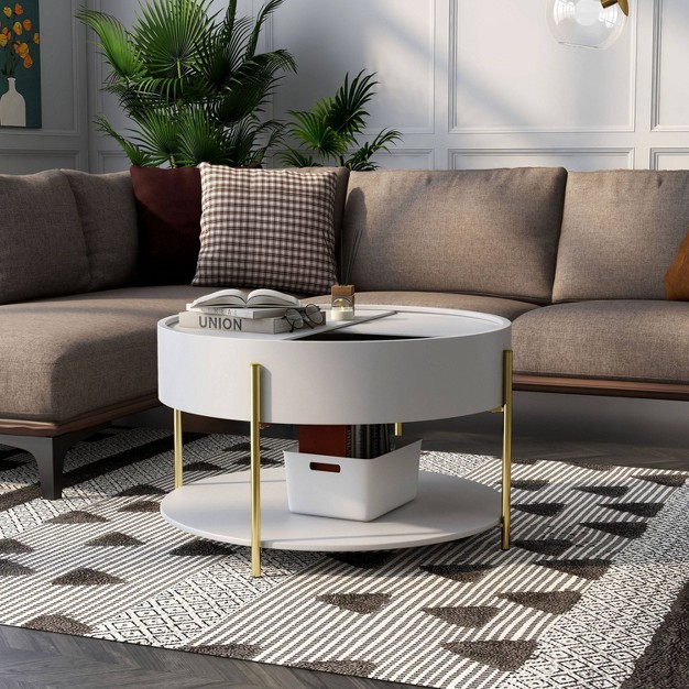 Lenvine Modern Round Storage Coffee Table White Mibasics