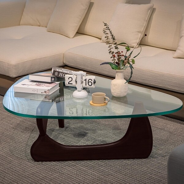 Noguchi Modern Triangle Glass Coffee Table Cherry Wood Base