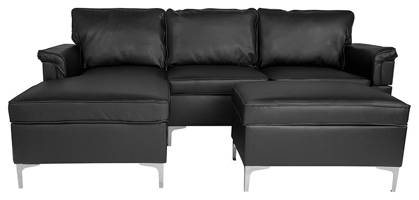 Plush Pillow Back Sectional  Left Side Facing Chaise  Ottoman Set  Black Leather   Contemporary   Sectional Sofas   by Morning Design Group  Inc  Houzz