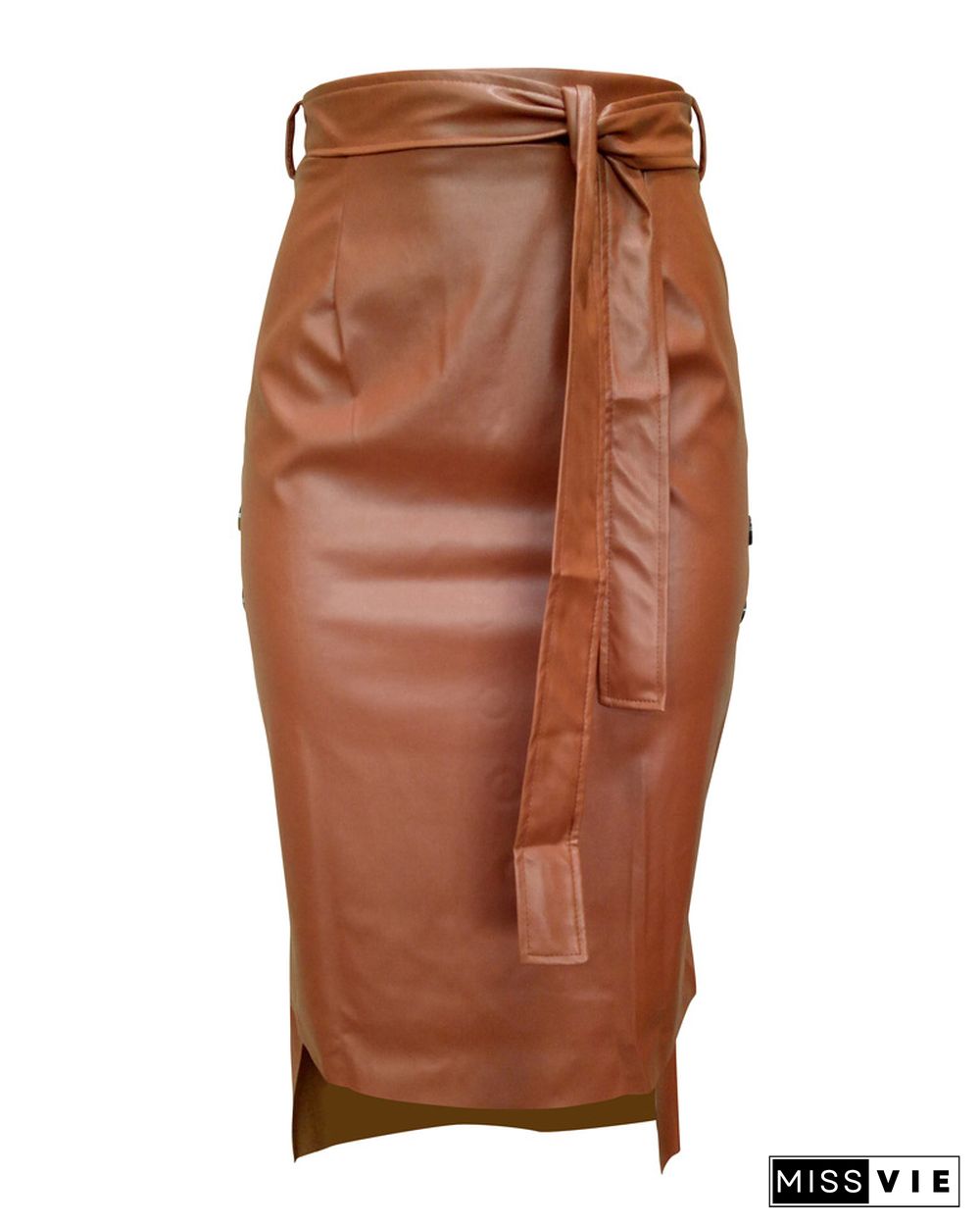 Buttoned Slit PU Leather Midi Skirt