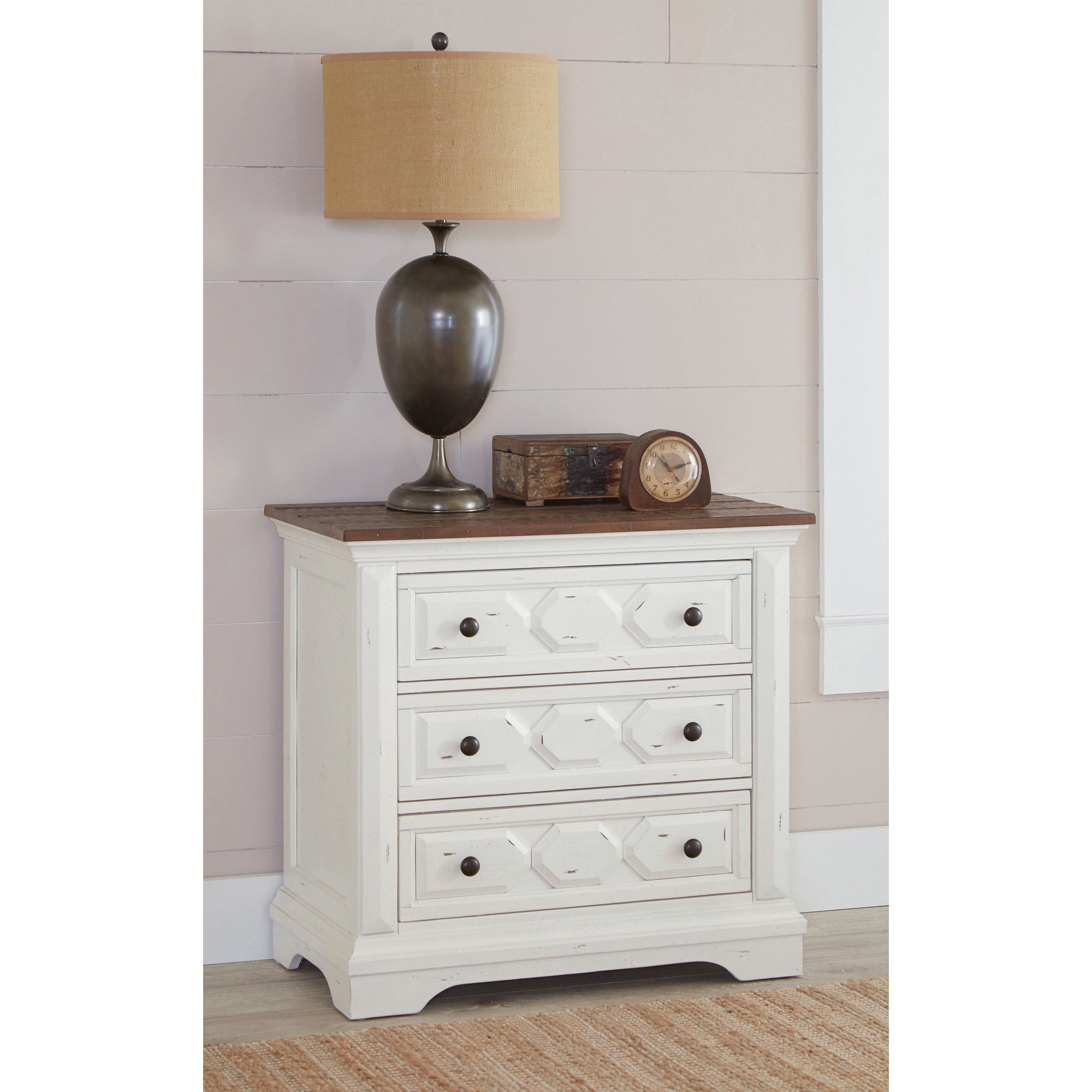 Celeste 3-drawer Nightstand Vintage White and Rustic Latte