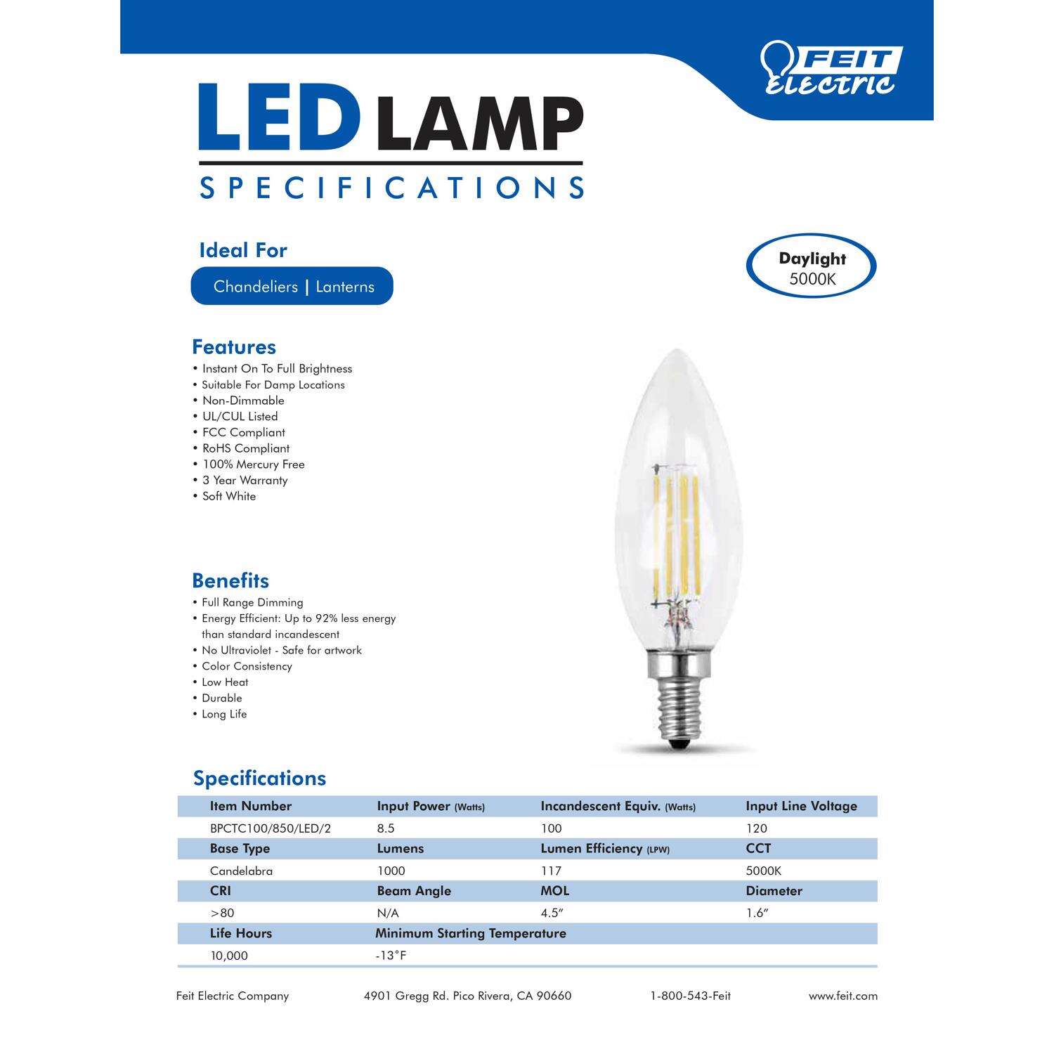 Feit LED Blunt Tip E12 (Candelabra) LED Bulb Daylight 100 Watt Equivalence 2 pk