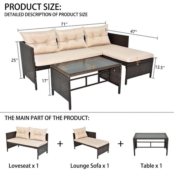 Patio PE Wicker 3Piece Sectional Conversation Set