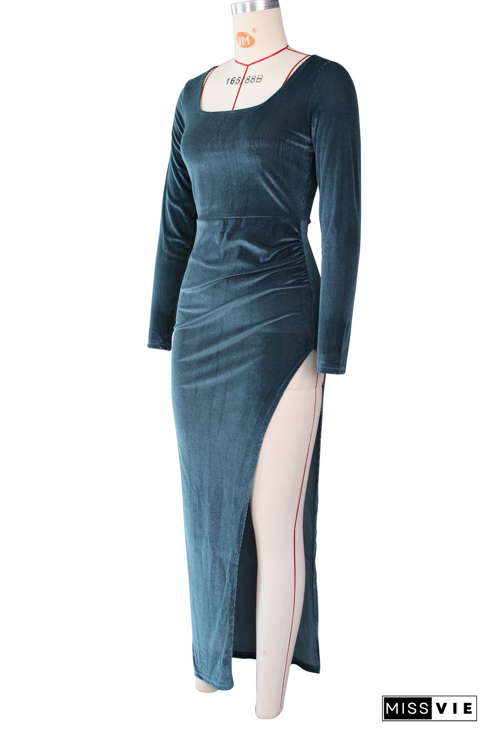 Velvet Long Sleeve High Slit Evening Dress