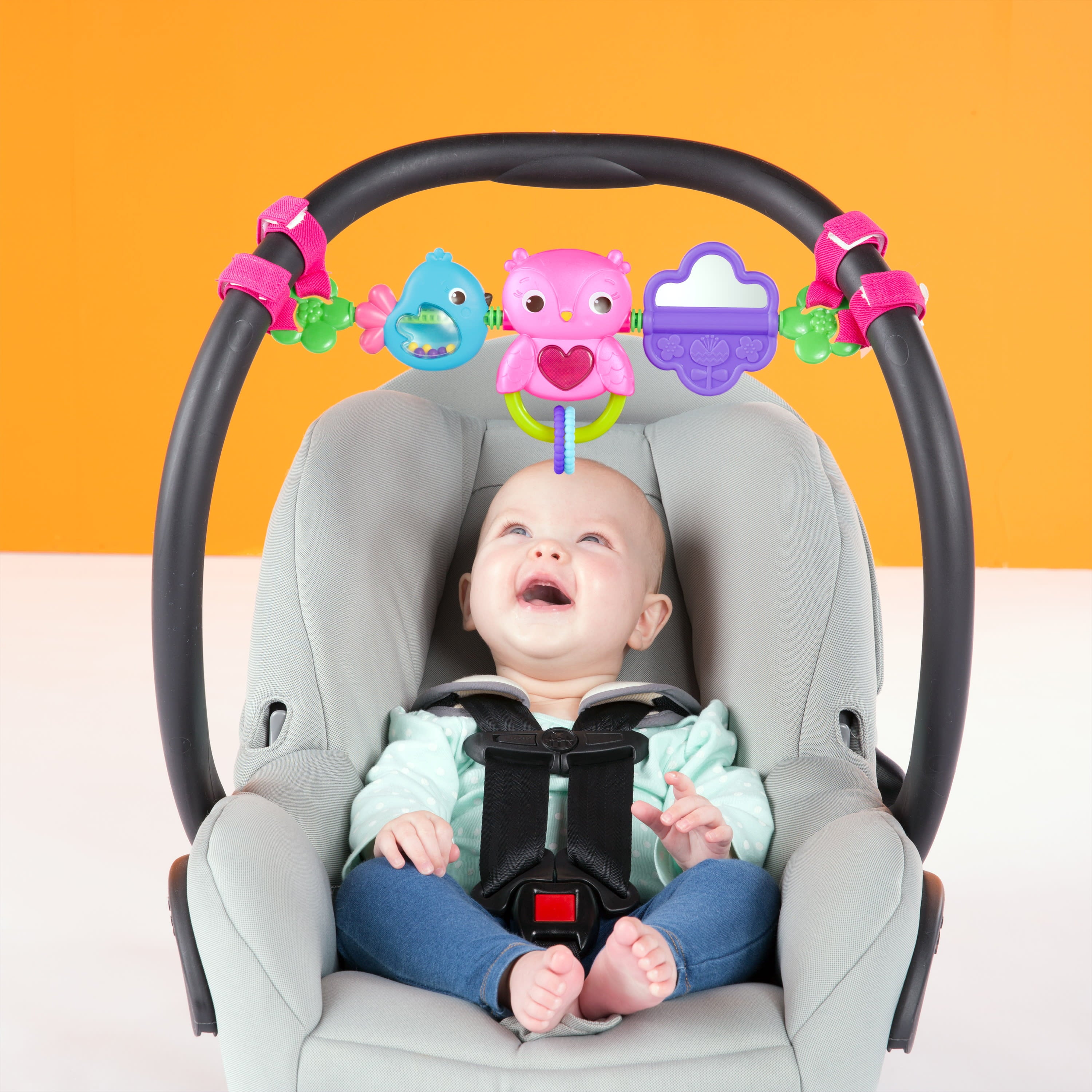 Bright Starts Busy Birdies Carrier Toy Bar Musical Take-Along Toy with Lights， Ages Newborn +
