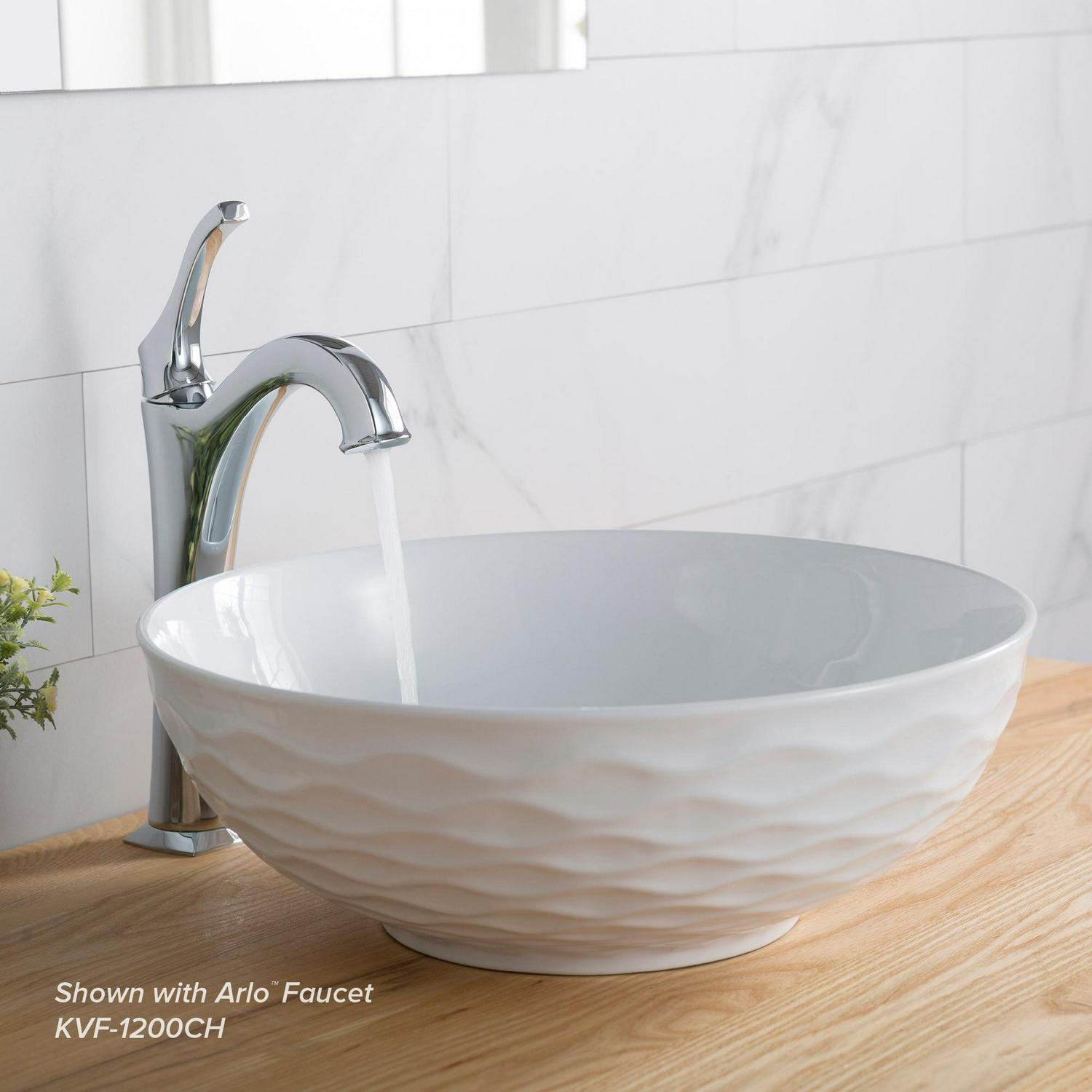 KRAUS Viva Round White Porcelain Ceramic Vessel Bathroom Sink with Pop-Up Drain， 16 1/2 in. D x 5 1/2 in. H