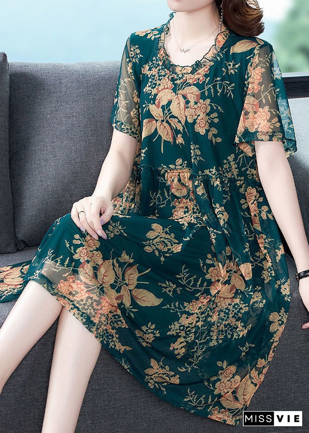 Italian Green O-Neck Print Holiday Long Dress Summer