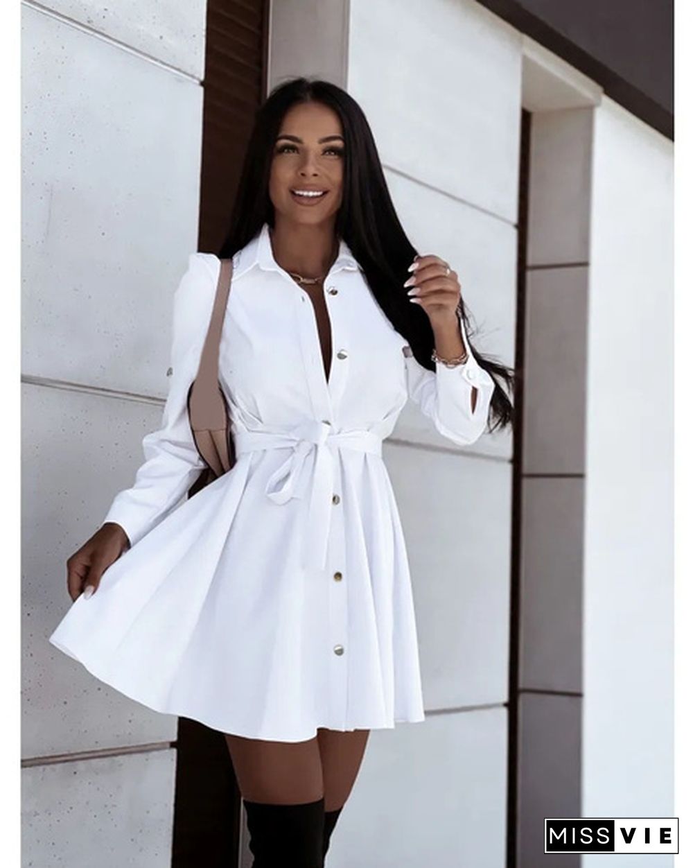 Turn-down Collar Long Sleeves Buttons Shirt Dress Women Fashion Collect Waist A Line Dress Elegant Ladies Dresses