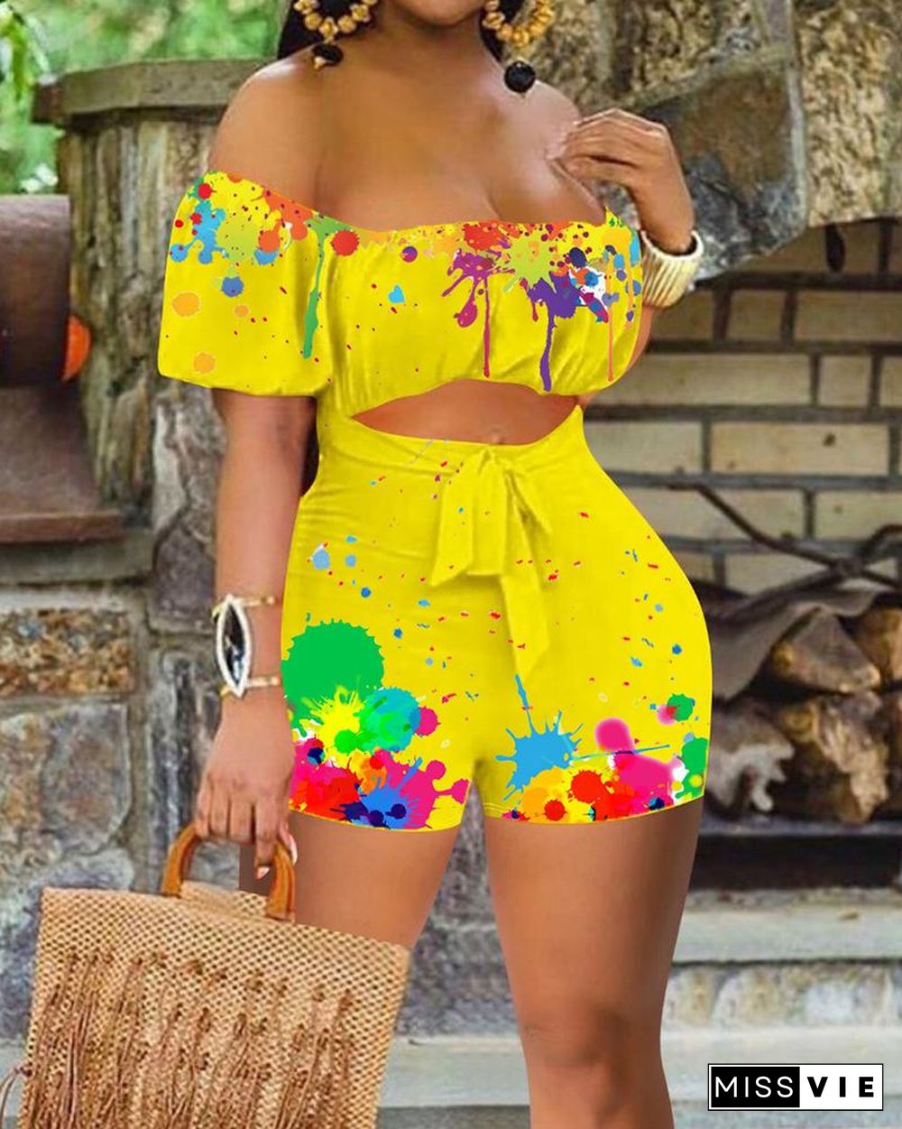 Ink Splash Off Shoulder Tie Front Cut-out Shirred Romper