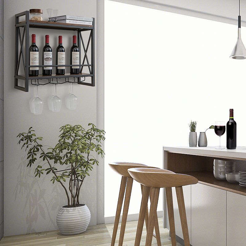 Industrial Wall Mounted Wine Rack With 3 Stem Glass Holders