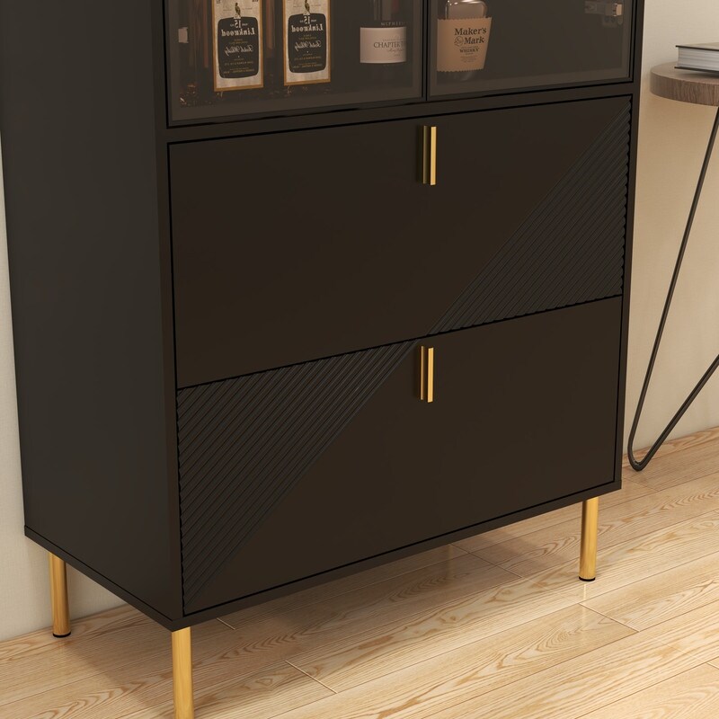 Wine Cabinet with Drawers and Doors  Black Gold High Wine Rack