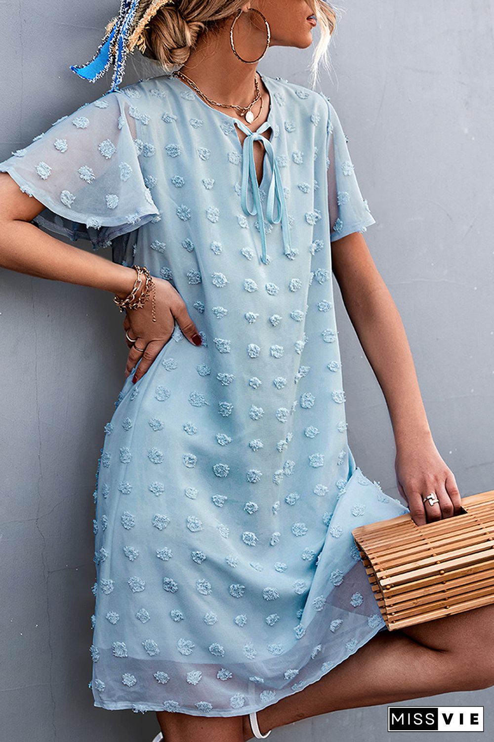 Jacquard Tie V-neck Short Sleeve Dress Wholesale