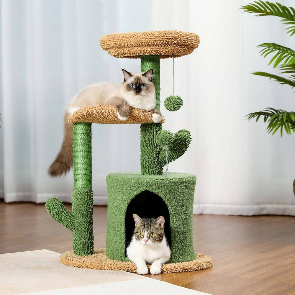 Foobrues 32.9 in. H Cactus Cat Tower with Sisal Covered Scratching Post, Cozy Condo, Plush Perches and Fluffy Balls PSL-23170833