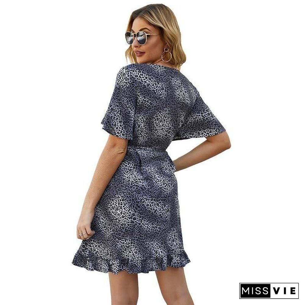 Summer Leopard Dress Women Short Party Dress Ladies Ruffles Slim Print Dress Female Beach Dress Sexy Mini Dresses for Women