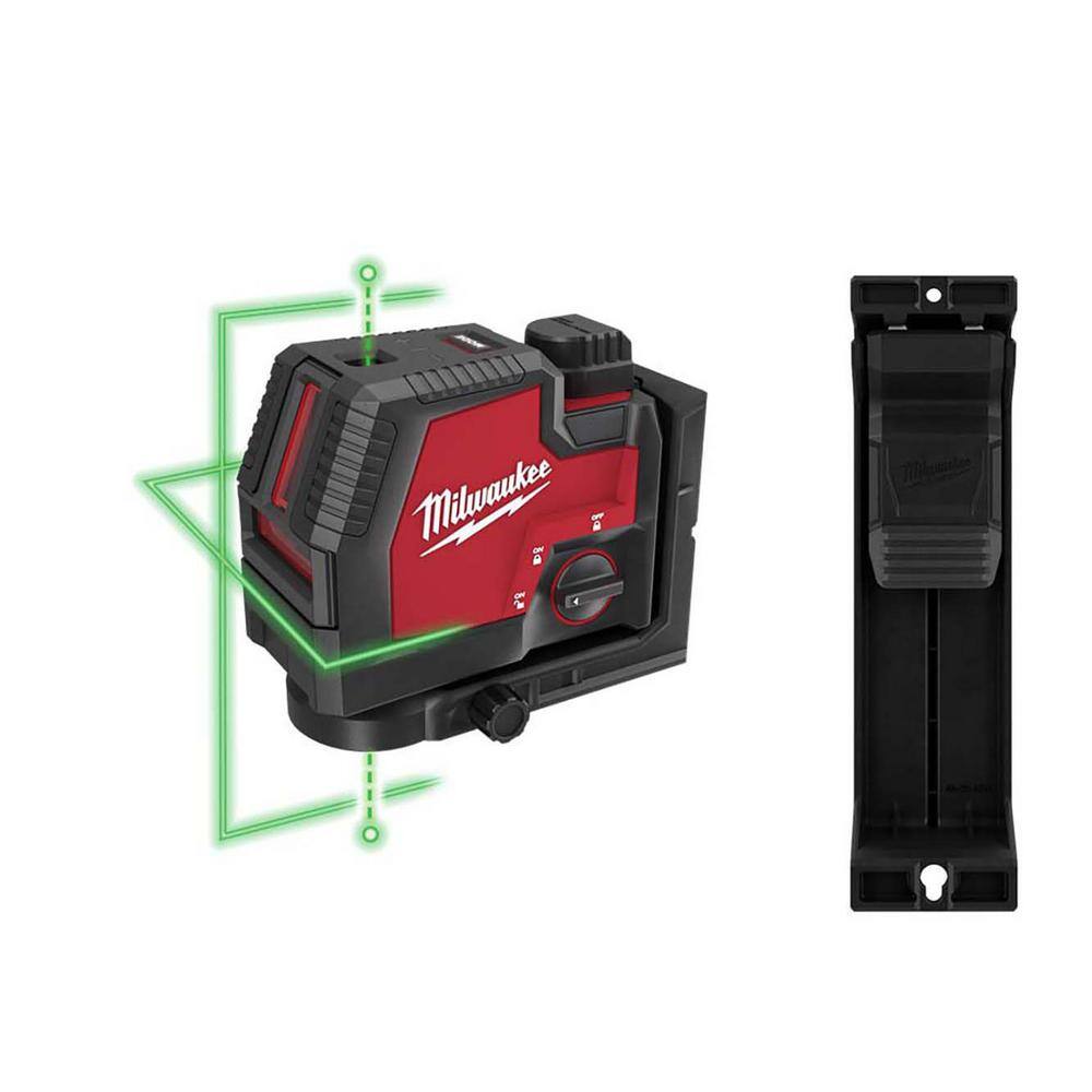 MW Green 100 ft. Cross Line and Plumb Points Rechargeable Laser Level with USB Lithium-Ion Battery Charger and Track Clip 3522-21-48-35-1313