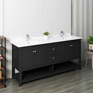 Fresca Manchester 72 in. W Bathroom Double Bowl Vanity in Black with Quartz Stone Vanity Top in White with White Basins FCB2372BL-D-CWH-U