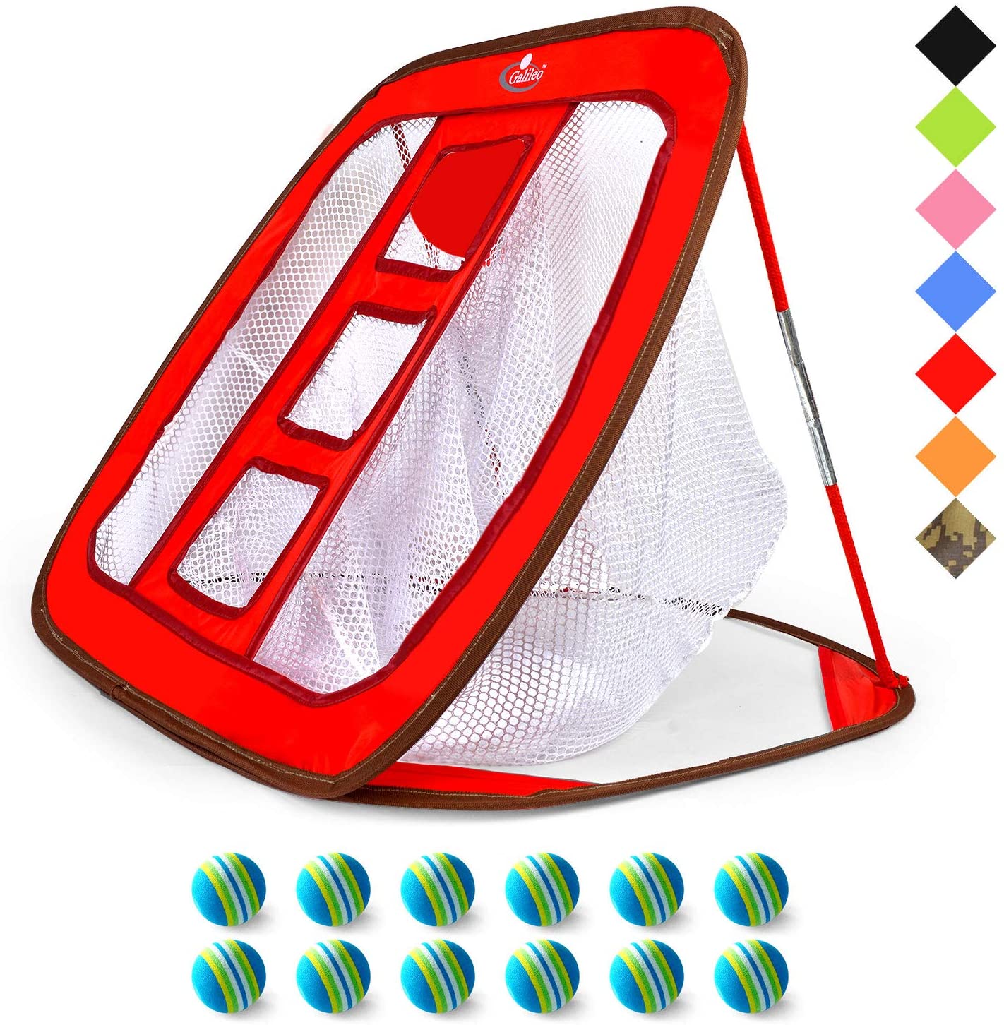 Galileo Pop Up Golf Chipping Net Practice Nets Training Square Chipping Golf Hitting Aid 3-Target Hole with Foam Training Balls(12pack) GP-RED