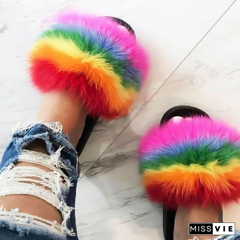 Women New Fashion Fluffy Faux Fur Slippers Sandals Indoor Outdoor Plush Slides Home Flat Shoes