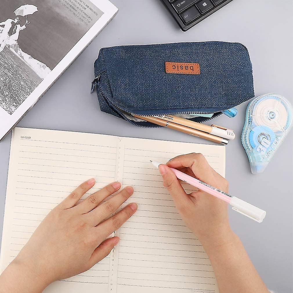 Cotton Linen Student Stationery Pouch Bag Pencil Case Office Storage Organizer Coin Pouch Cosmetic Bagdenim Blue