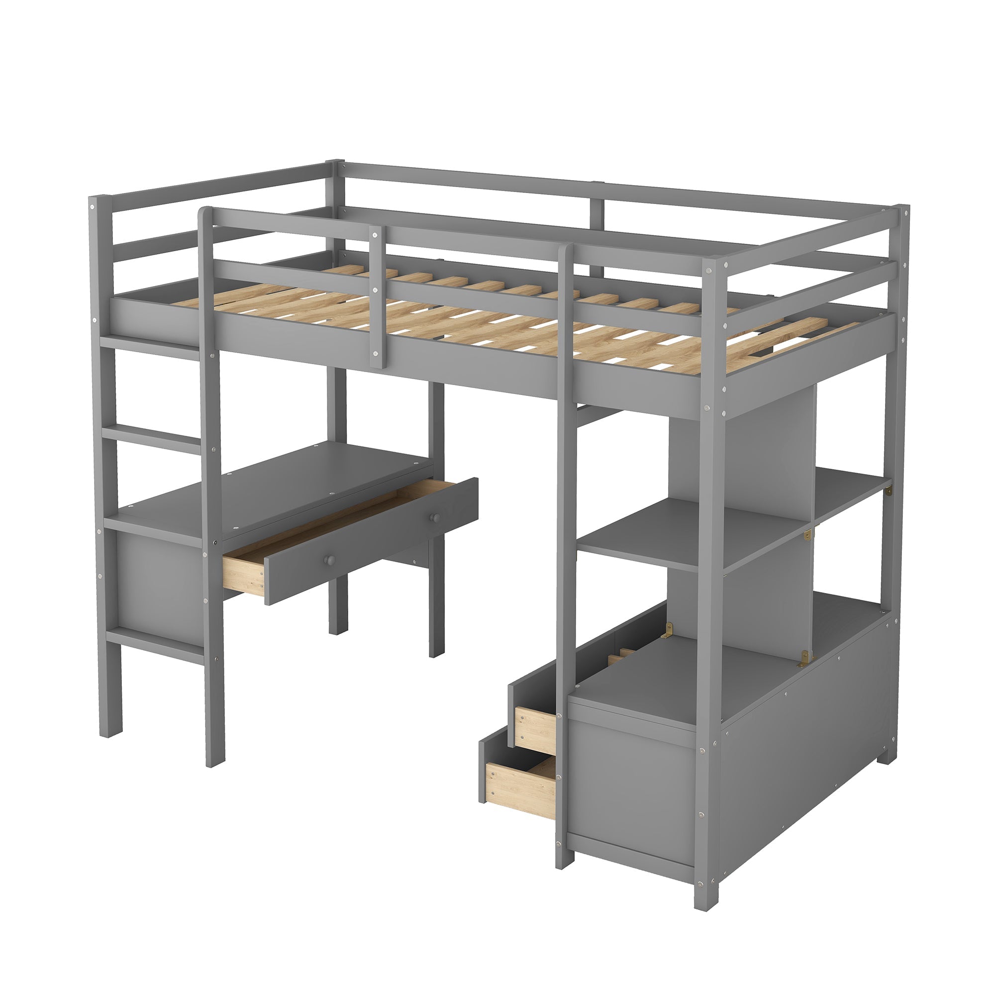 Twin Size Wood Loft Bed with Desk, Drawers and Shelf for Kids Room, Gray