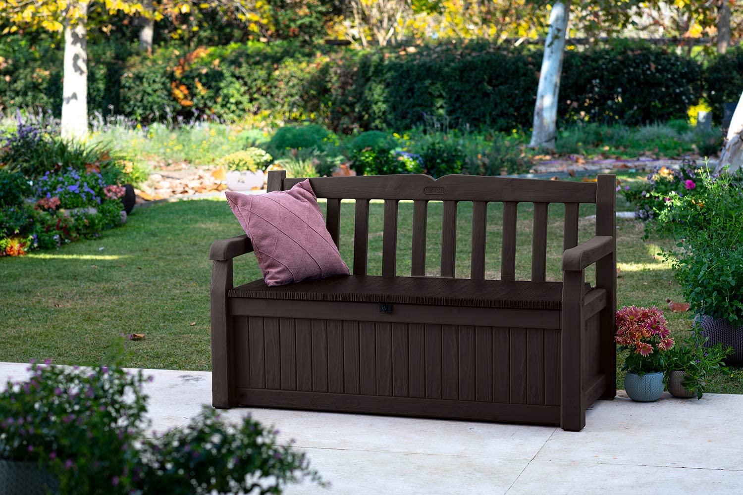 Keter Solana 70 Gallon Storage Bench Deck Box for Patio Furniture, Front Porch Decor and Outdoor Seating Perfect to Store Garden Tools and Pool Toys,Brown/Brown