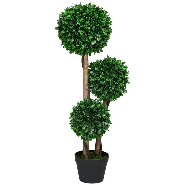 HOMCOM 3ft/35.5 Artificial 3 Ball Boxwood Topiary Tree with Pot，Indoor Outdoor Fake Plant for Home Office，Living Room Decor