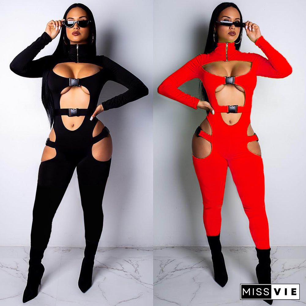 Hollow Out Long Sleeve Buckle Solid Jumpsuit