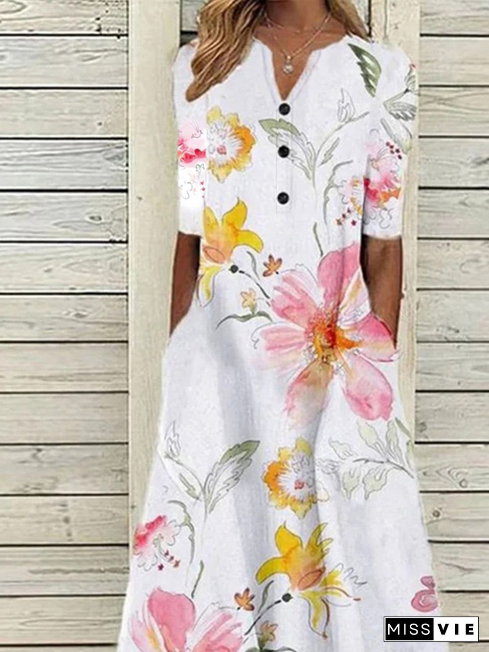 Floral Casual V Neck Half Sleeve Buttoned Pockets A-line Dress