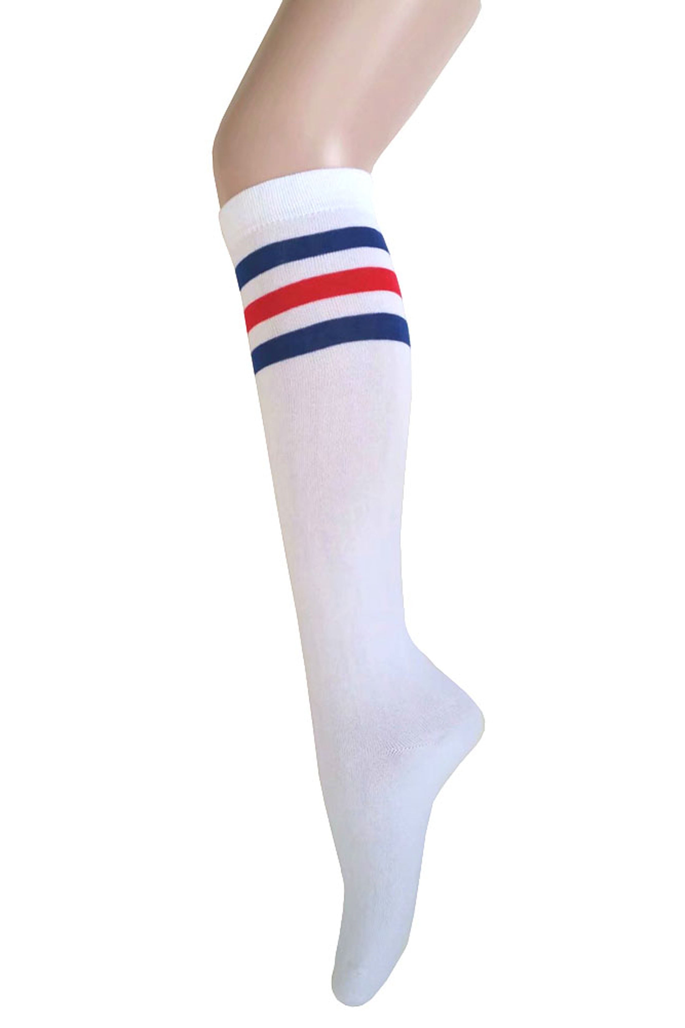 Women and Girls Roller Skate Retro Triple Stripes Tube Knee High Socks In Black with Orange Color