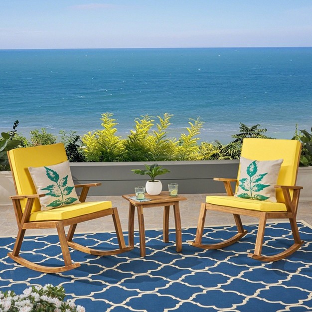 Champlain 3pc Acacia Wood Rocking Chairs Set Teak yellow Christopher Knight Home