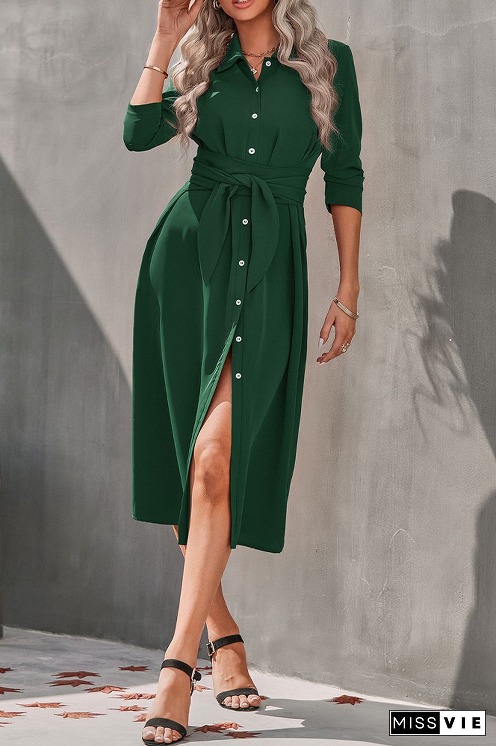 Open Button Waistbelt Shirt Midi Dress Wholesale