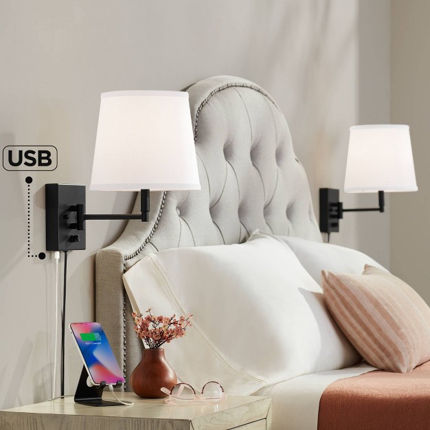 360 Lighting Lanett Modern Swing Arm Wall Lamps Set Of 2 Black Plug in Light Fixture With Usb Charging Port White Lamp Shade For Bedroom Living Room