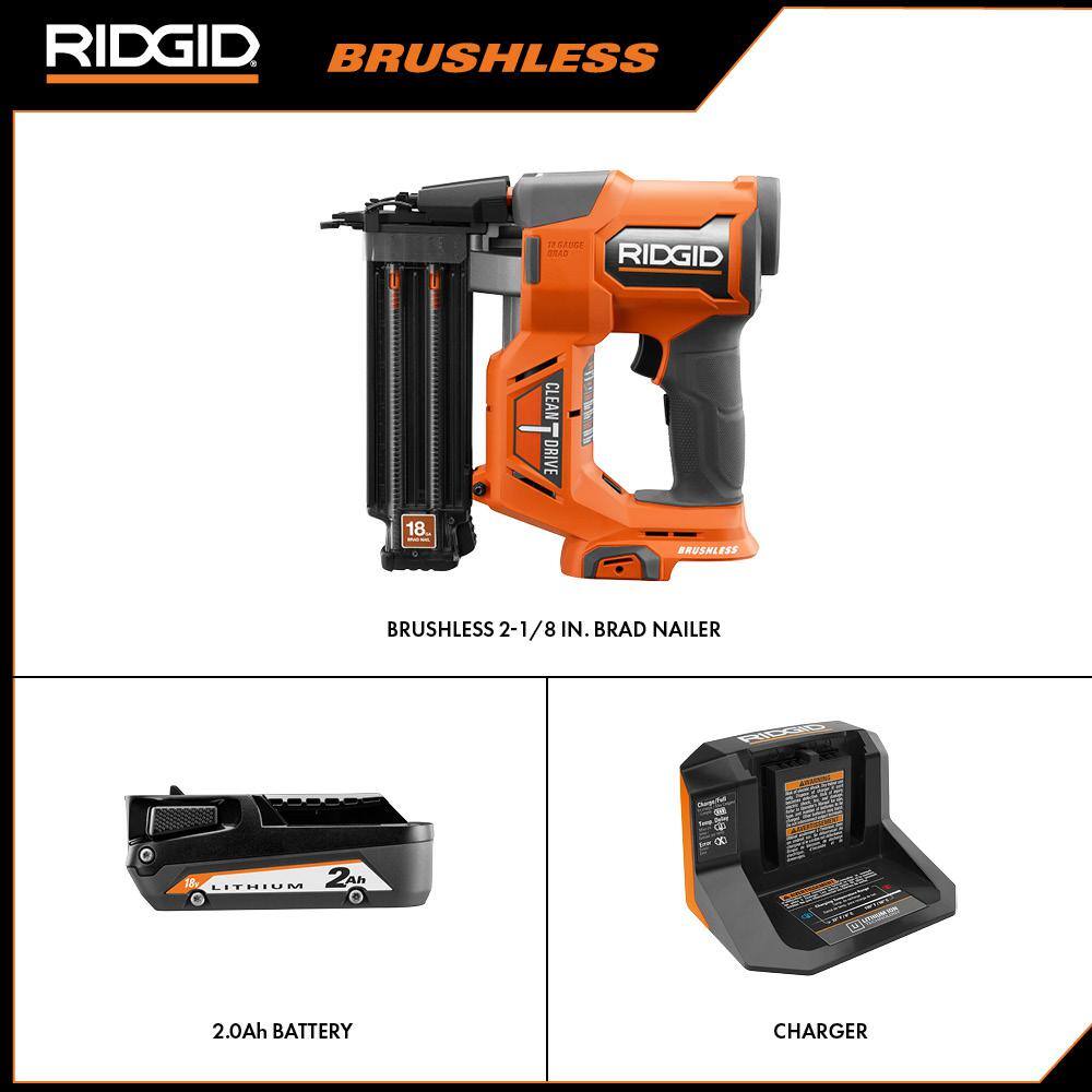 RIDGID 18V Brushless Cordless 18-Gauge 2-18 in. Brad Nailer with CLEAN DRIVE Technology with 2.0 Ah Battery and Charger R09891K