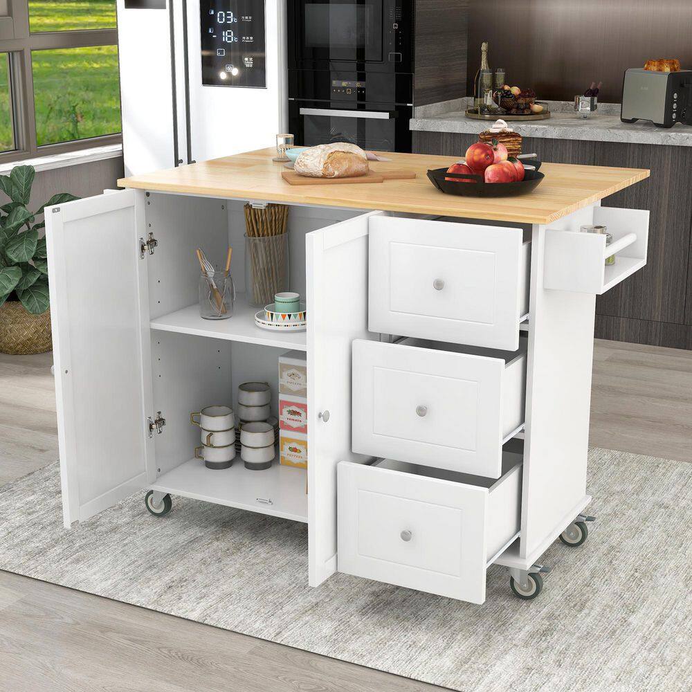 tunuo White Rolling Kitchen Island Cart with Rubber Wood Drop-Leaf Countertop (52 in. W) SFWF-287035W